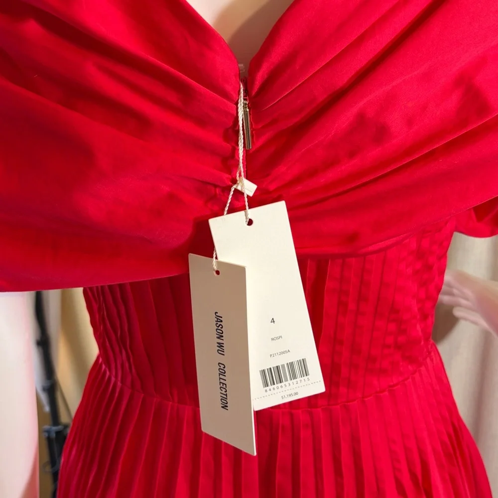 Jason Wu Off the Shoulder Pintucked Red Midi Dress - Picture 5 of 12
